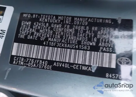 2010 Toyota Camry Le from USA, damaged, VIN 4T1BF3EK6AU541563